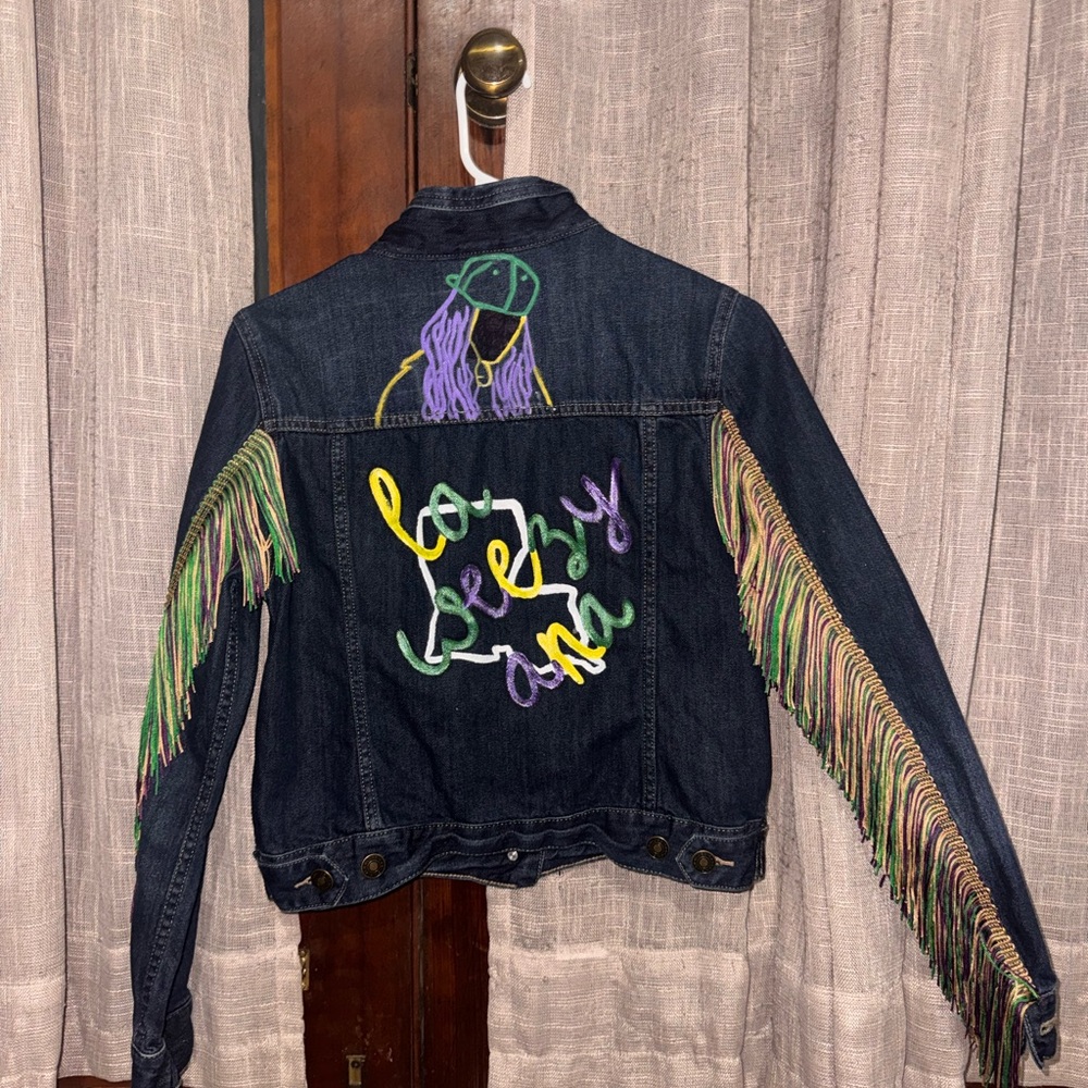 Mardi Gras Embroidered Denim Jacket with Fringe